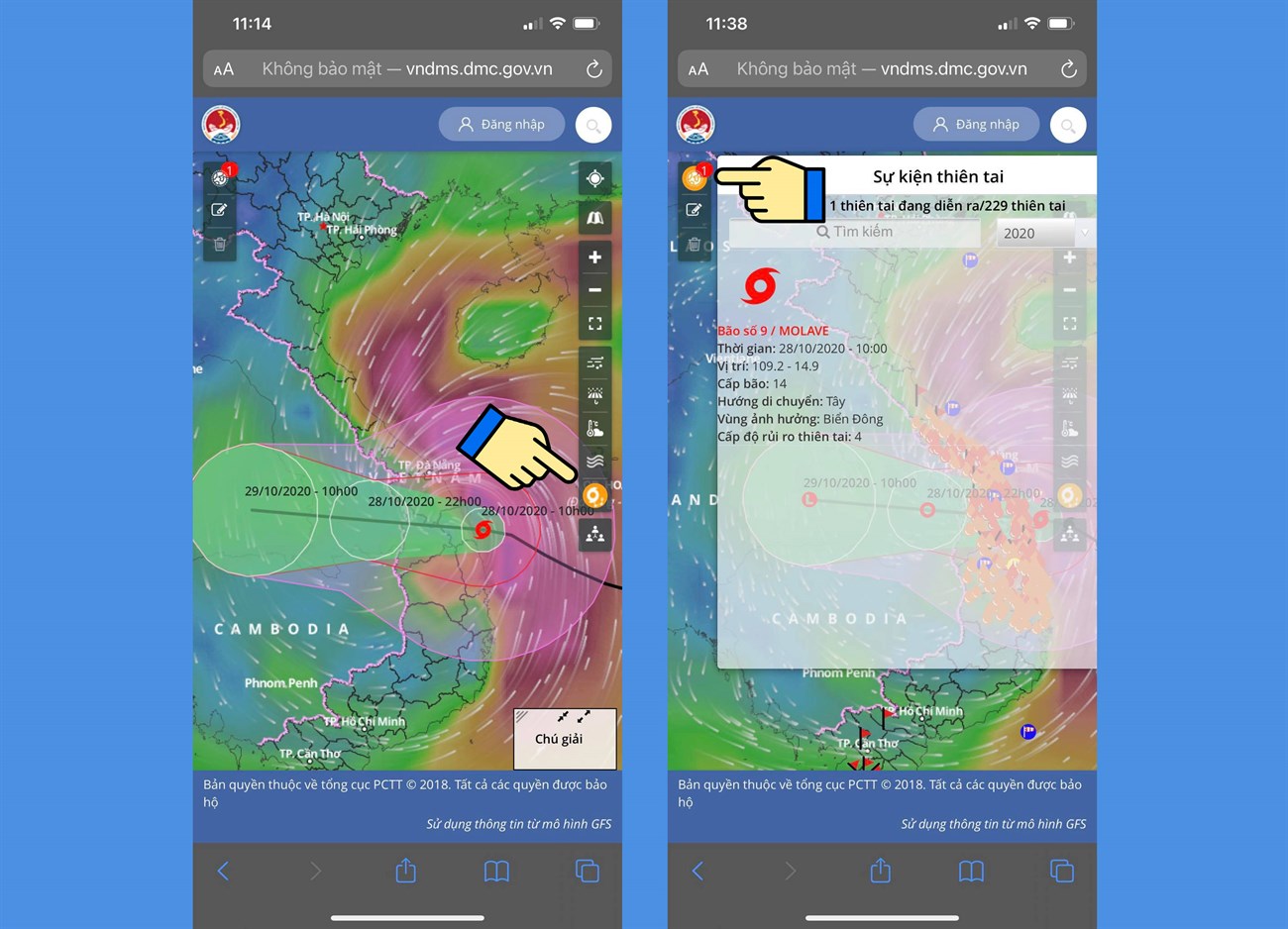 Cách xem bản đồ dự báo thời tiết, bão lũ, thiên tai Việt Nam trực tiếp qua vệ tinh > Xem hướng đi của bão và thiên tai sắp xảy ra