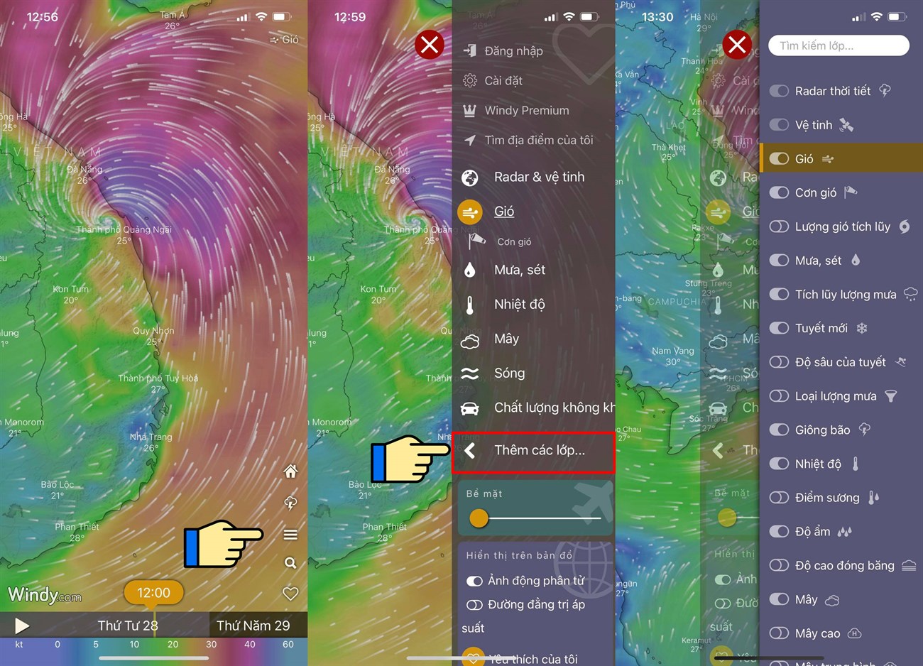Cách xem bản đồ dự báo thời tiết, bão lũ, thiên tai Việt Nam trực tiếp qua vệ tinh > Kích hoạt các lớp thông tin khác