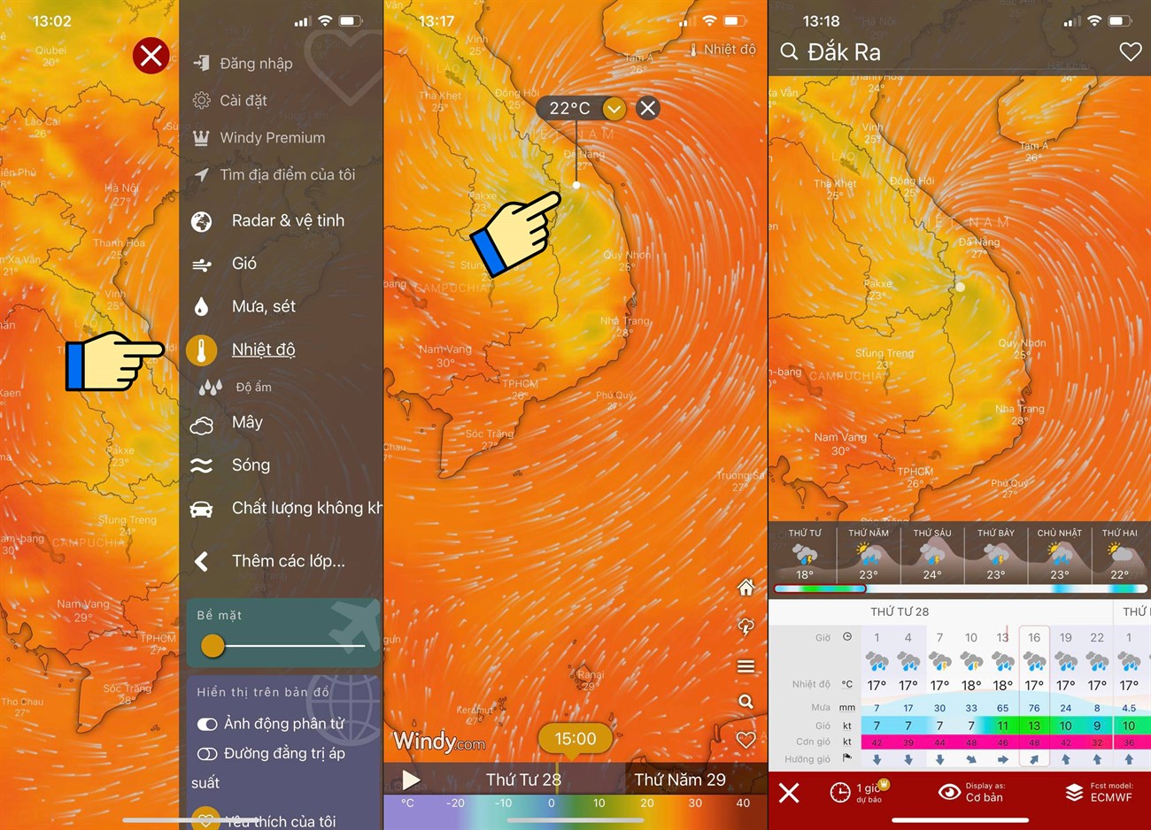 Cách xem bản đồ dự báo thời tiết, bão lũ, thiên tai Việt Nam trực tiếp qua vệ tinh > Theo dõi nhiệt độ trên bản đồ