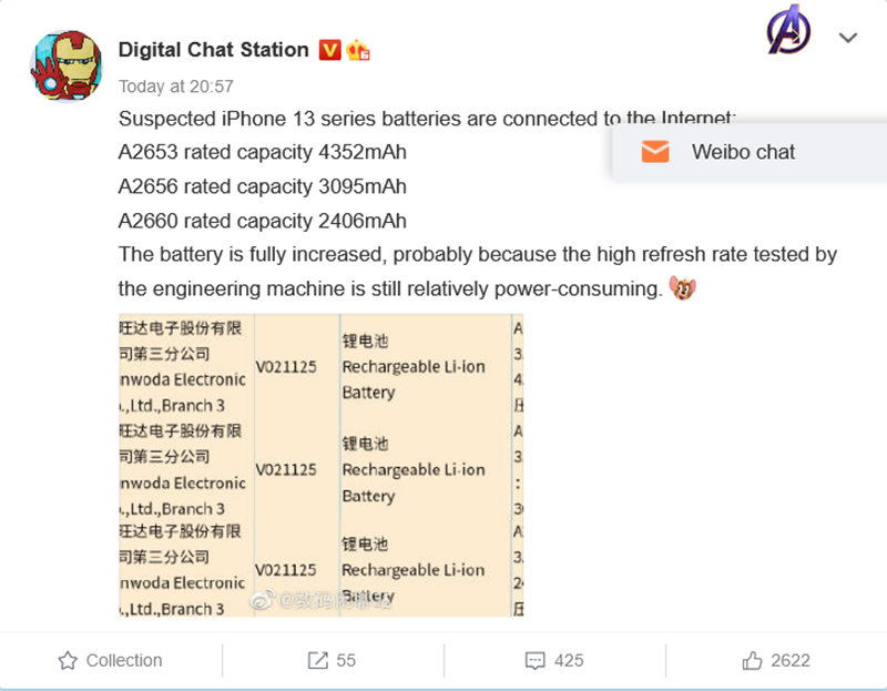 Thông tin rò rỉ về dung lượng pin của dòng iPhone 13. (Nguồn: Digital Chat Station).