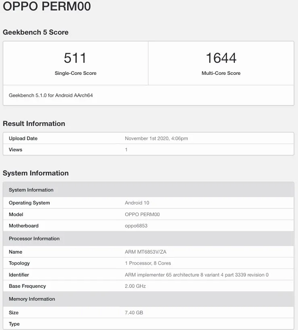 Geekbench OPPO K7x Geekbench OPPO K7x