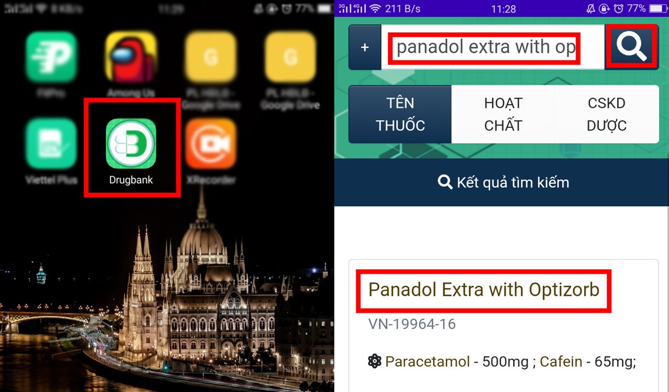 tìm kiếm tên thuốc trên app