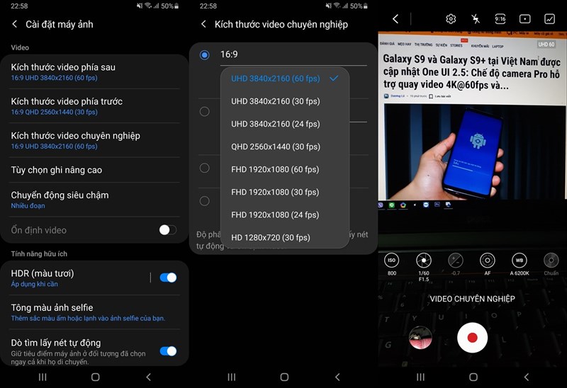 Giao diện chế độ camera Pro trên Galaxy S9+ Giao diện chế độ camera Pro trên Galaxy S9+