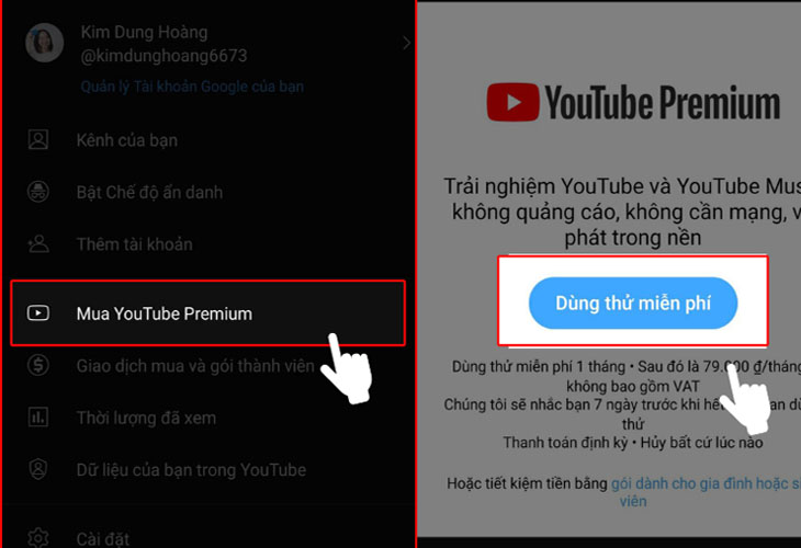 Bước 2: Sau khi chọn vào biểu tượng avatar Google của bạn thì bạn hãy bấm chọn Mua Youtube Premium (Buy Youtube Premium) 