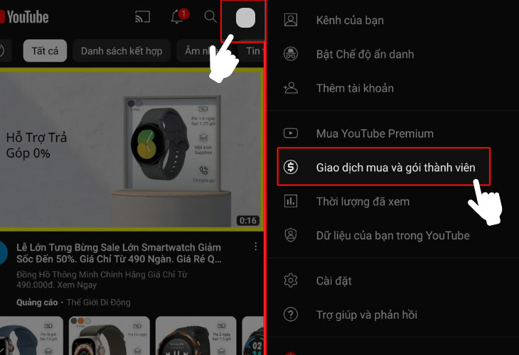 Bước 1: Trên trang chủ YouTube chọn biểu tượng tài khoản (avatar) ở góc phải màn hình