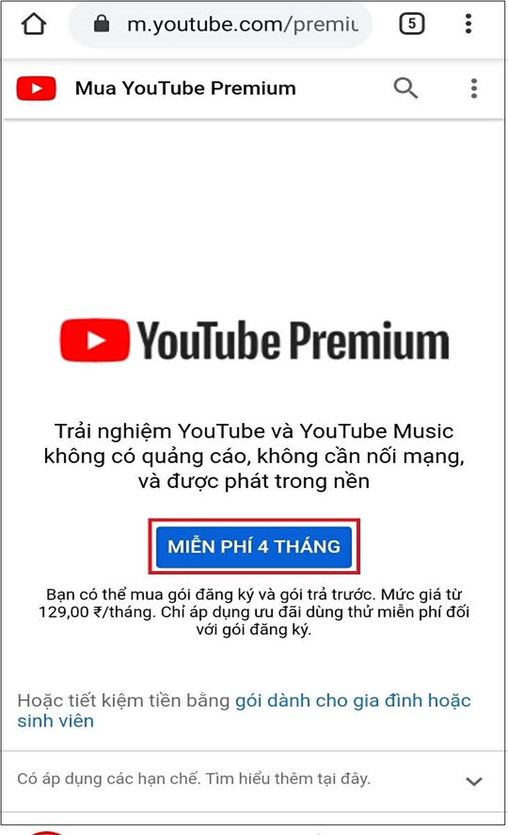 Hướng dẫn đăng kí YouTube Premium 4 tháng hoàn toàn miễn phí > Bước 3: Truy cập địa chỉ https://youtube.com/premium/