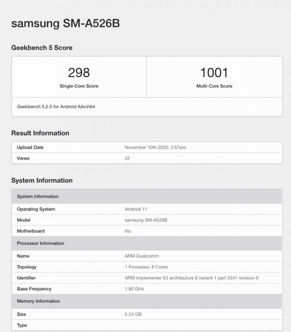 Samsung Galaxy A52 5G xuất hiện trên Geekbench với chip Snapdragon 750G, bộ nhớ RAM 6GB và chạy Android 11