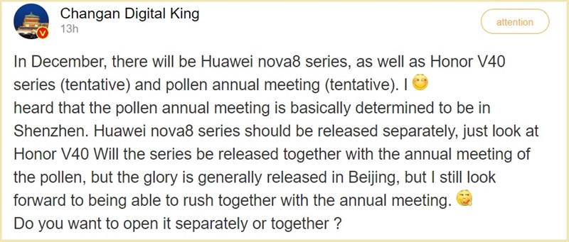 Huawei Nova 8 và Honor V40 lộ thời điểm ra mắt