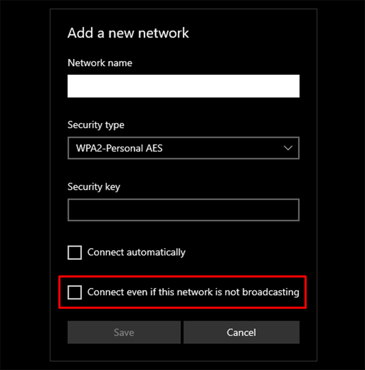 Điền thông tin kết nối wifi và chọn Connect even if this network is not broadcasting
