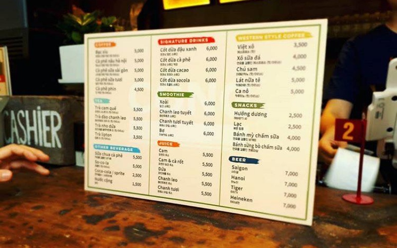 bảng menu quán cộng cà phê