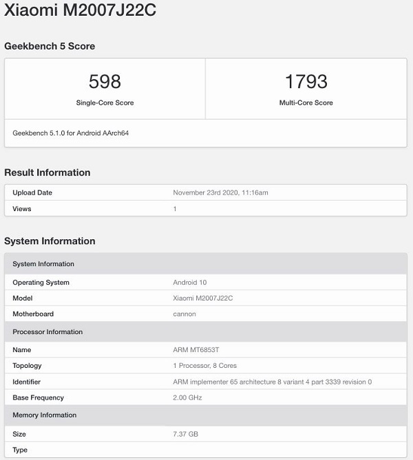 Redmi Note 9 5G trên Geekbench