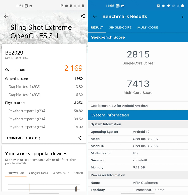 Nord N10 được chấm 2.169 điểm 3DMark và 2.815 (đơn lõi) cùng 7.413 (đa lõi) với điểm Geekbench