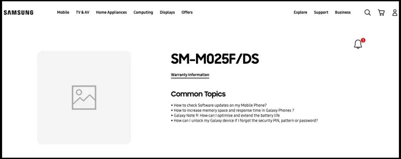 Galaxy M02 xuất hiện trên trang hỗ trợ Galaxy M02 xuất hiện trên trang hỗ trợ