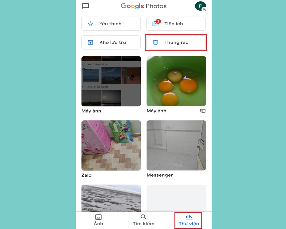 Bước 1: Mở ứng dụng Google Photos > Chọn Thư viện > Chọn Thùng rác.