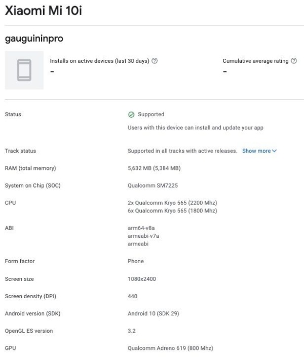 Thông số kỹ thuật của Xiaomi Mi 10i trên Google Play Console