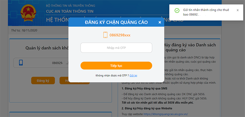 Bước 3: Nhập mã OTP vừa nhận vào khung Pop-up trên website