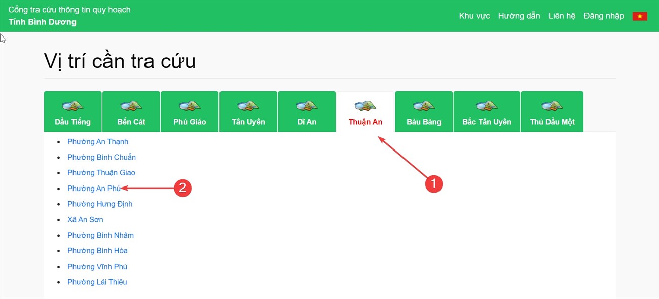 Chọn khu vực muốn tra cứu