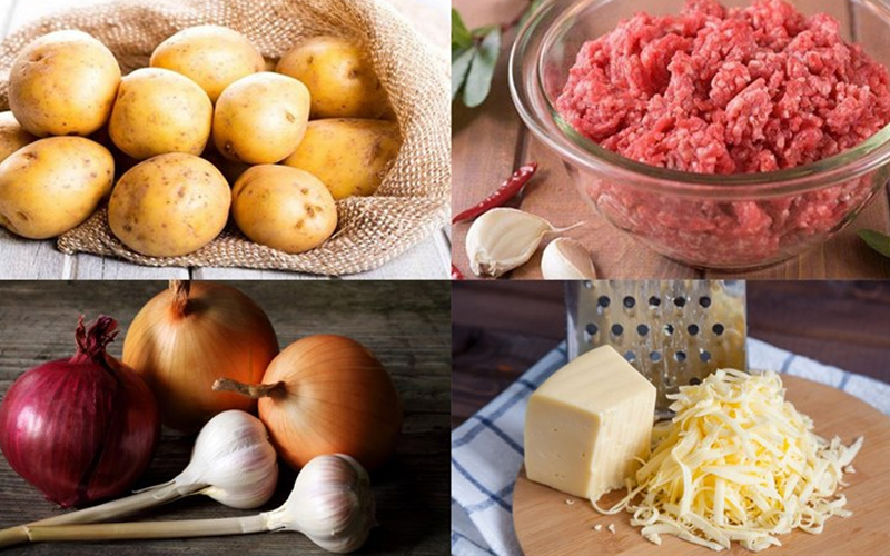 Nguyên liệu làm món thịt bò nhồi khoai tây nướng Khoai tây, thịt bò bằm, củ hành tây, phô mai