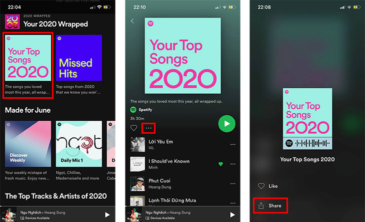 Vào Your Top Songs 2020, chọn biểu tượng dấu 3 chấm và bấm nút Share