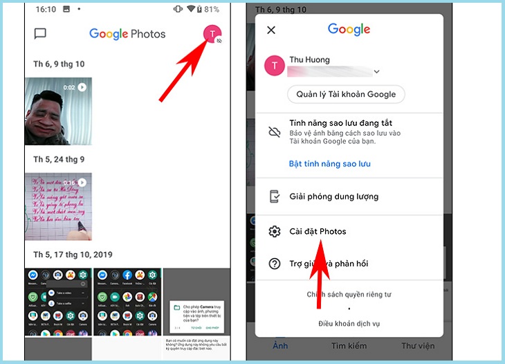 Nhấn vào biểu tượng Google Photos, nhấn tiếp vào Cài đặt Photos