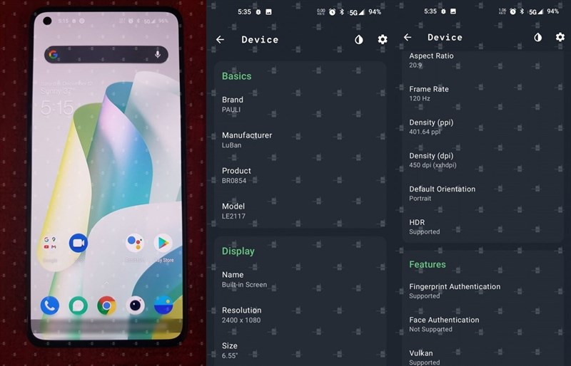 Mặt trước và thông số màn hình của OnePlus 9