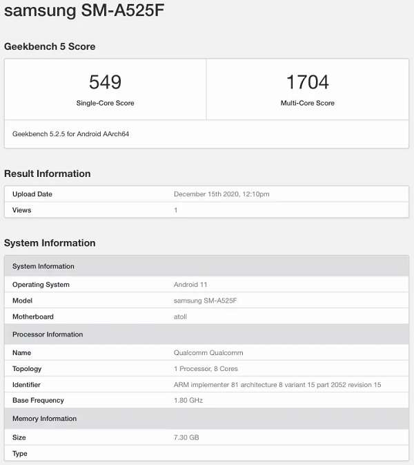 Dữ liệu Geekbench của Galaxy A52 4G