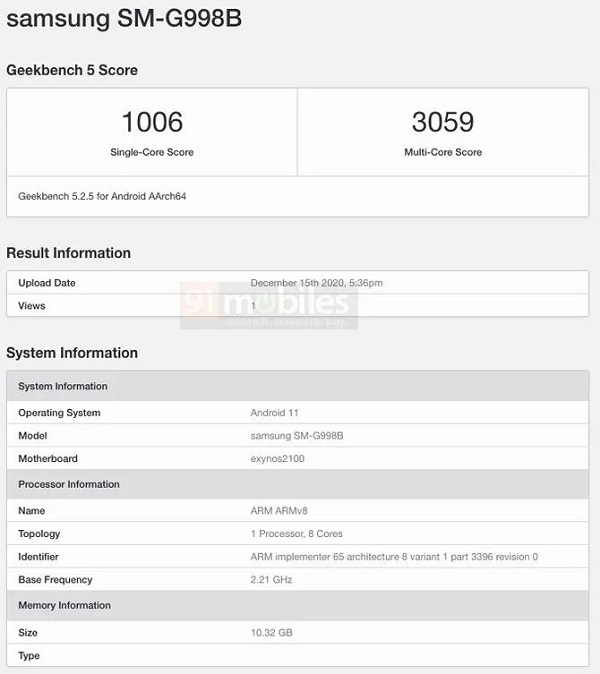 Galaxy S21 Ultra dùng chip Exynos 2100, RAM 12GB, chạy Android 11 lộ điểm hiệu năng mạnh mẽ trên Geekbench