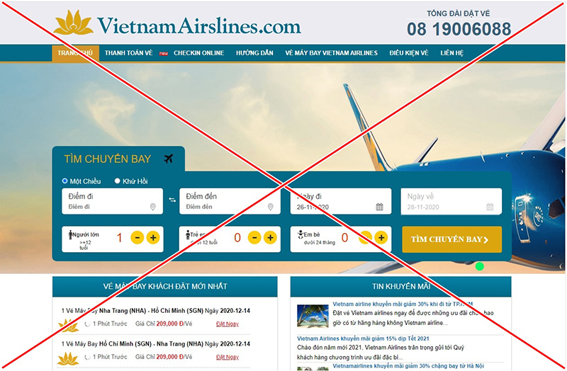 Website giả mạo Vietnam Airlines thừa chữ 