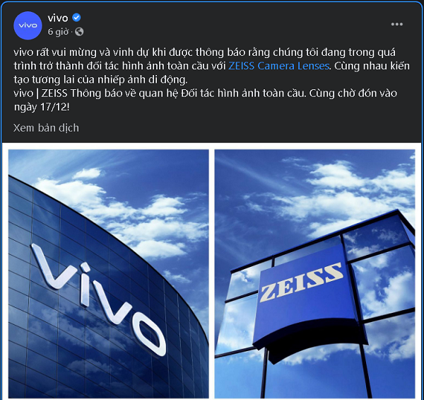 Vivo công bố hợp tác cùng thương hiệu quang học Đức ZEISS