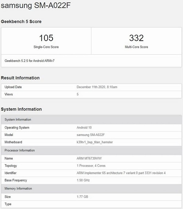 Smartphone giá rẻ Galaxy A02 lộ các thông số cấu hình chính cùng điểm hiệu năng trên nền tảng Geekbench