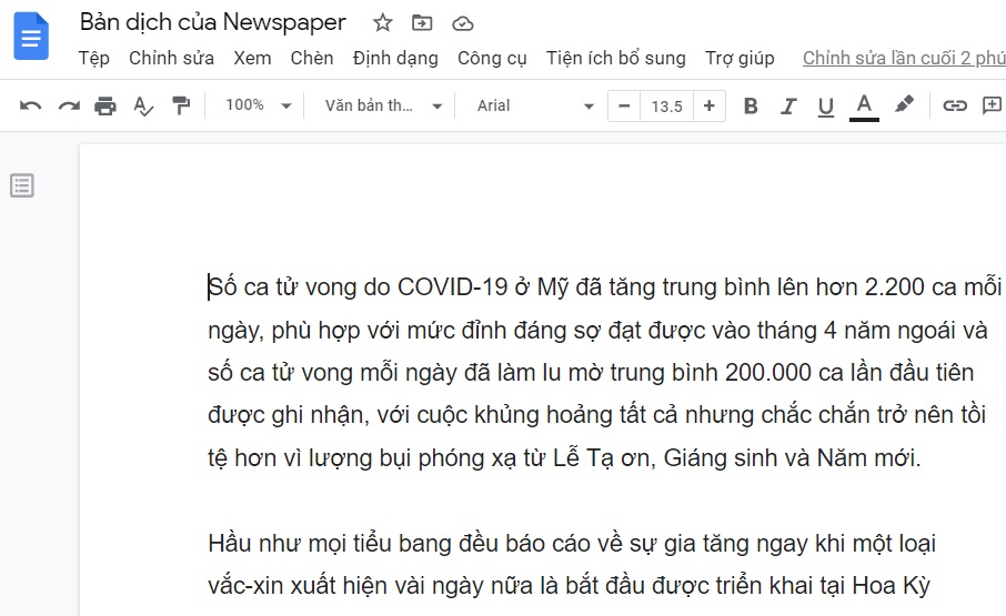 Khám phá 3 tính năng dịch thuật tài liệu trên Google Docs có thể bạn chưa biết > Kết quả cho file dịch của bạn sẽ hiển thị ở một tài liệu mới.