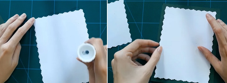 Dùng keo dán phần giấy trắng hình chữ nhật đã cắt viền vào tấm bìa màu xanh