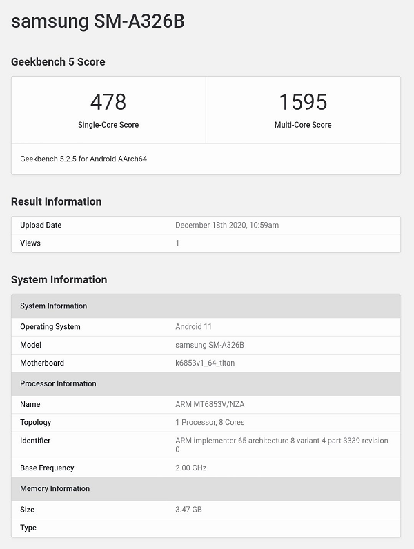 Dữ liệu Geekbench của Galaxy A32 5G