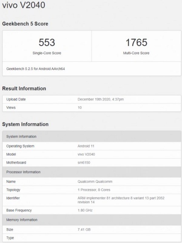 Geekbench Vivo V20 (2021)