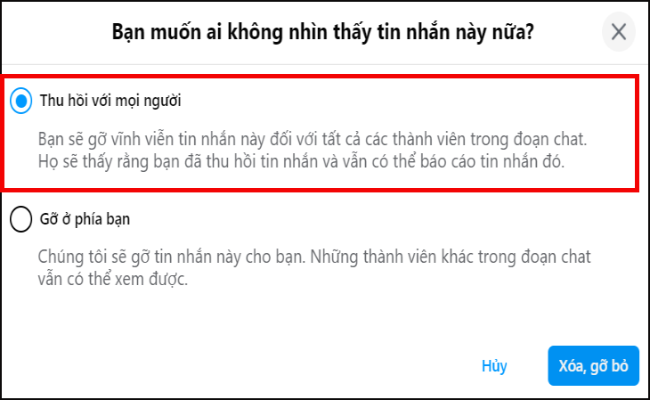 Hướng dẫn gỡ tin nhắn messenger cả 2 bên đơn giản trong vài nốt nhạc > Chọn Thu hồi đối với mọi người