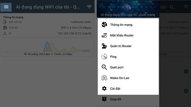 Ứng dụng Ai đang dùng WiFi của tôi? còn cung cấp một vài tiện ích như Thông tin mạng, mật khẩu router, quản trị router, ping