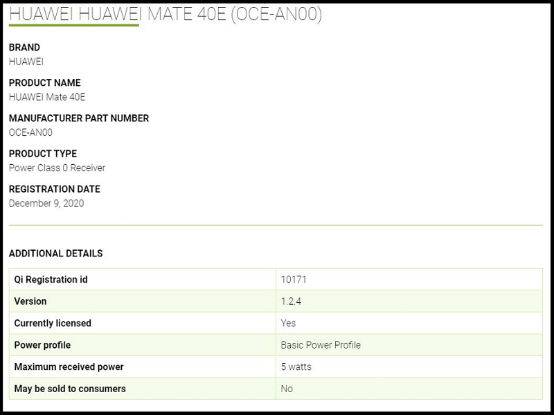 Chứng nhận của Huawei Mate 40E