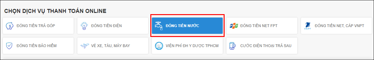 Bước 1: Chọn mục Đóng tiền nước ở phần Chọn dịch vụ thanh toán online. Bước 1: Chọn mục Đóng tiền nước ở phần Chọn dịch vụ thanh toán online.