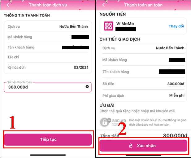 Bước 3: Kiểm tra lại thông tin thanh toán tiền nước và nhấn Tiếp tục. Sau đó, nhấn Xác nhận và nhập mật khẩu để hoàn tất quá trình. Bước 3: Kiểm tra lại thông tin thanh toán tiền nước và nhấn Tiếp tục. Sau đó, nhấn Xác nhận và nhập mật khẩu để hoàn tất quá trình.