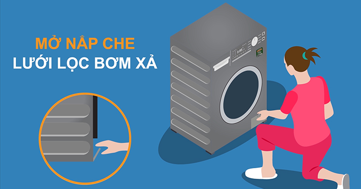 Mở nắp đậy lưới lọc bơm xả