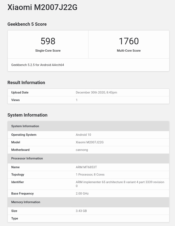 Dữ liệu Geekbench của Redmi Note 9T 5G