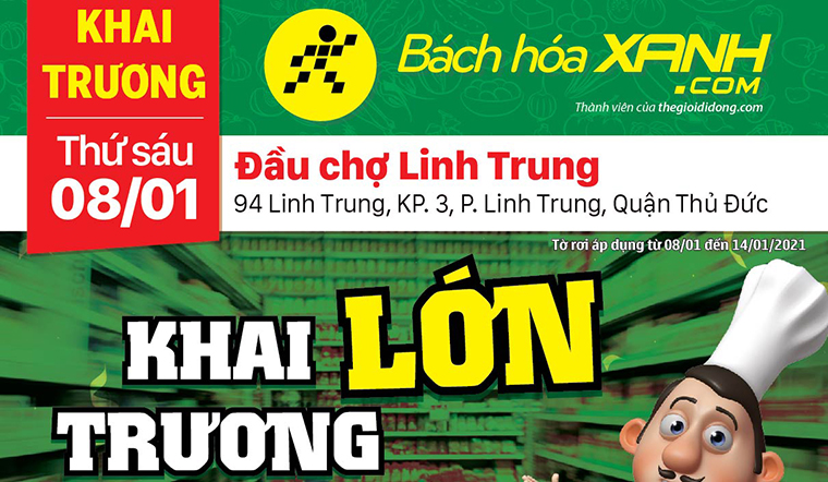 Cửa hàng Bách hoá XANH tại Số 94 Linh Trung, Quận Thủ Đức khai trương ngày 08/01/2020