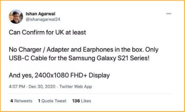 Dòng Galaxy S21 chỉ được tặng kèm cáp USB-C trong hộp bán lẻ Dòng Galaxy S21 chỉ được tặng kèm cáp USB-C trong hộp bán lẻ