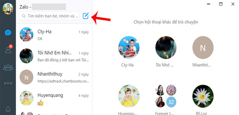Những thủ thuật cực hay trên Zalo PC có thể bạn chưa biết > Bước 1: Trên giao diện chính của Zalo máy tính, nhấn vào biểu tượng Tạo trò chuyện