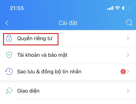 Chọn thẻ Quyền riêng tư