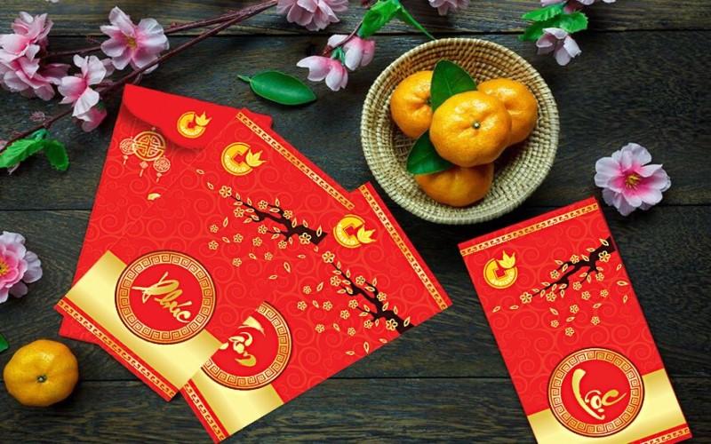 Bao lì xì chữ Phúc - Lộc - Thọ trên nền phong lì xì đỏ truyền thống