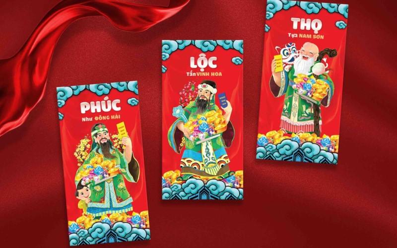 Bao lì xì Phúc - Lộc - Thọ với hình 3 vị Phúc - Lộc - Thọ