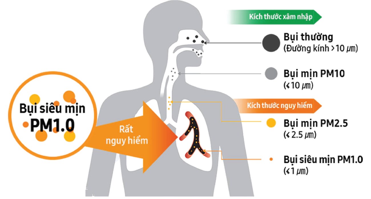 Các loại bụi mịn PM và kích thước xâm nhập, kích thước nguy hiểm của chúng