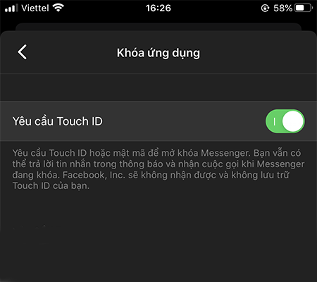 Hướng dẫn cài đặt mật khẩu Messenger cho iPhone bằng Face ID, Touch ID > Gạt công tắc Yêu cầu Touch ID hoặc Face ID 