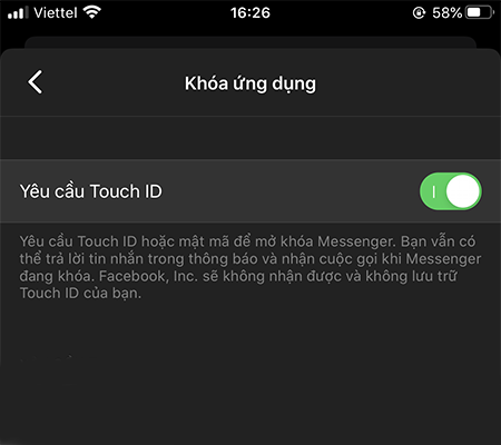 Gạt công tắc Yêu cầu Touch ID hoặc Face ID 